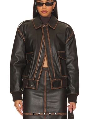 L'Academie Faux Leather Bomber Jacket with Brown Contrast Piping